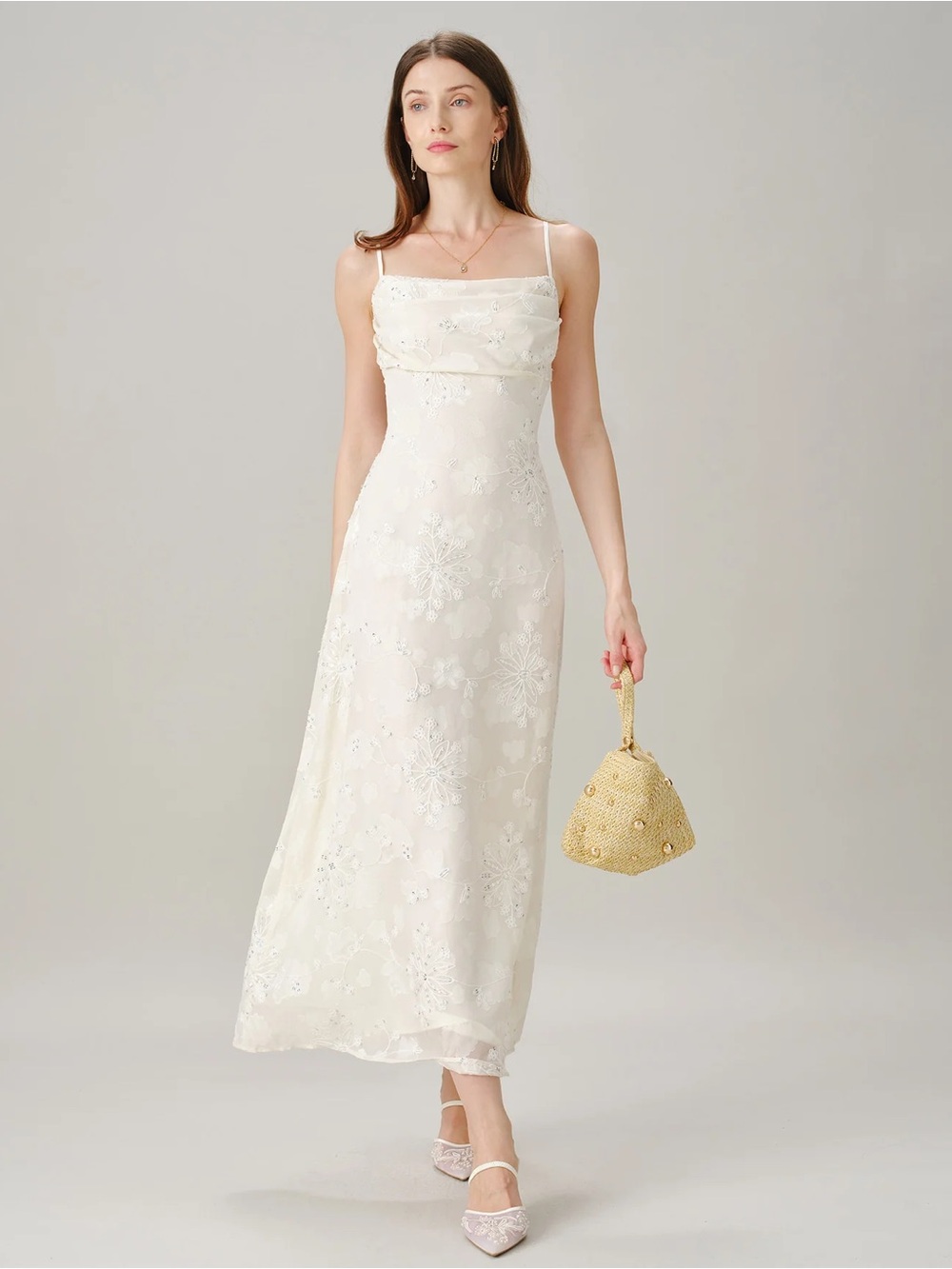 Rihoas Apricot Square Neck Jacquard Sequins Maxi Dress - Picture 4 of 9